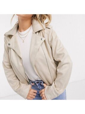 ASOS DESIGN Suedette Biker Jacket in Stone Faux Suede Moto Jacket, Size 12